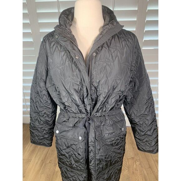 Avec Les Filles Black Anorak Quilted Star Parka Coat Large Hooded Cinched Winter - Picture 11 of 12